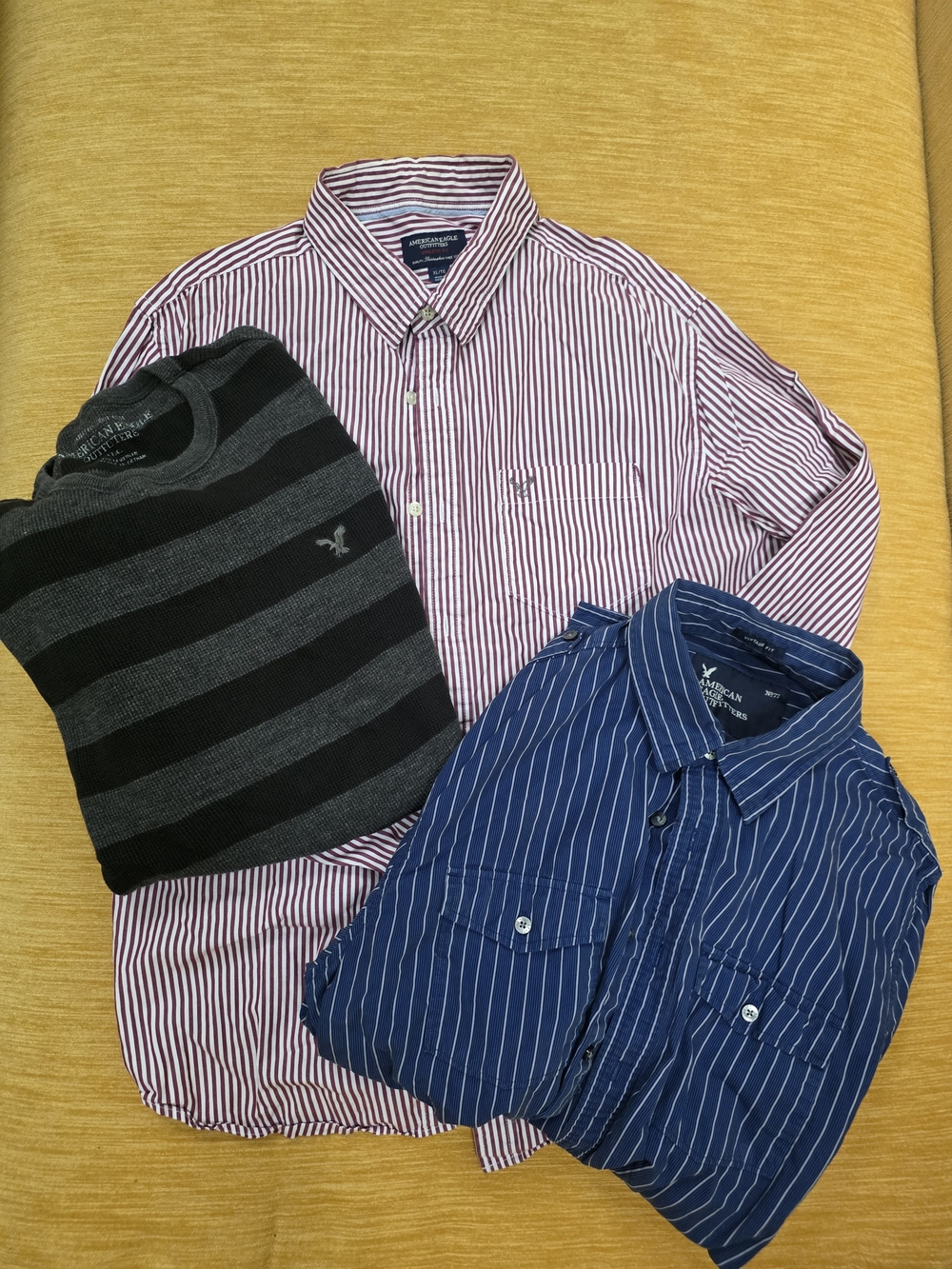 American Eagle Outfitters Men's Burgundy & Navy Striped Button-Down Lot LARGE